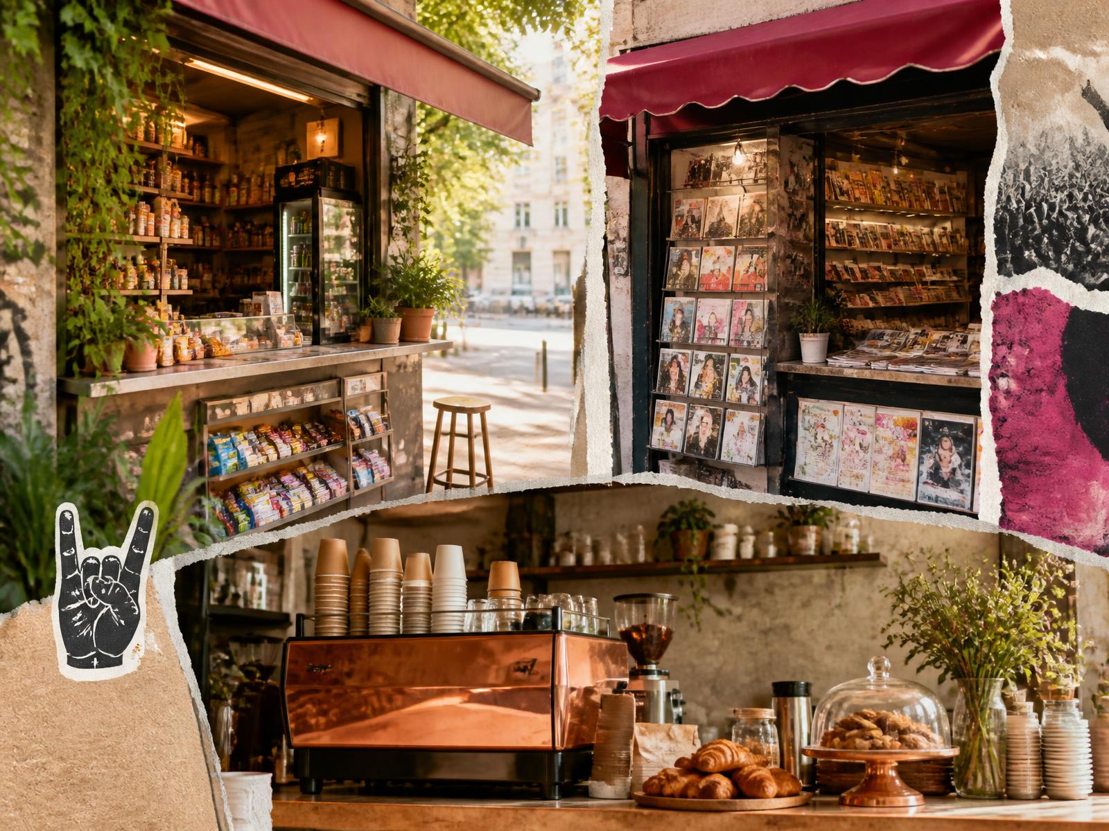 Collage aus Berliner Spätis, Zeitungskiosken und kleinen Coffeespots mit Graffiti und Punk-Postern